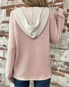 Willluxe® Waffle Knit Drawstring Button Front Contrast Binding Hoodie
