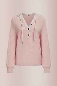 Willluxe® Waffle Knit Drawstring Button Front Contrast Binding Hoodie