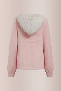 Willluxe® Waffle Knit Drawstring Button Front Contrast Binding Hoodie