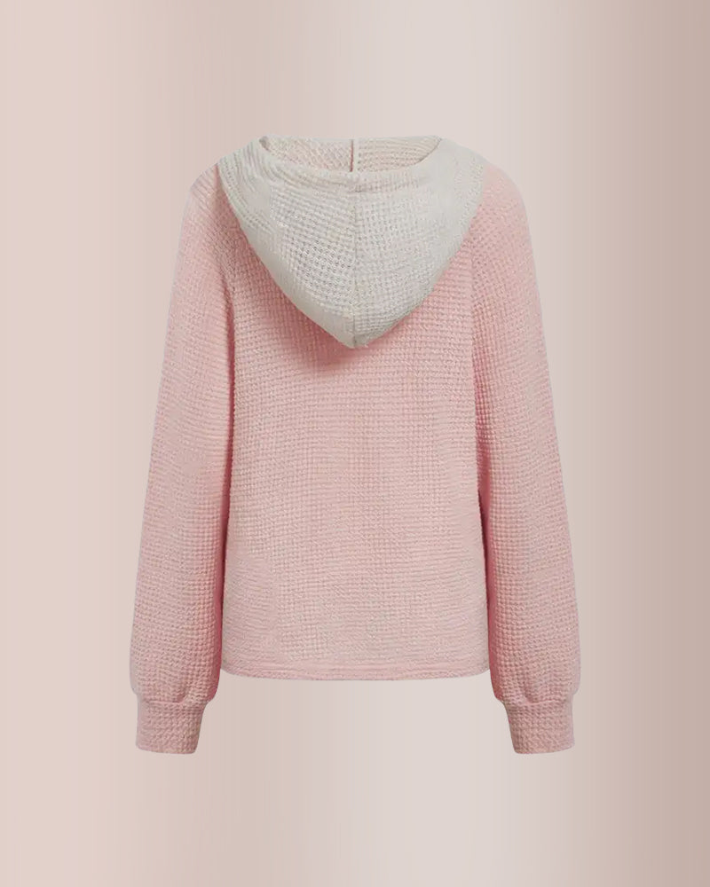 Willluxe® Waffle Knit Drawstring Button Front Contrast Binding Hoodie
