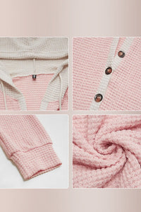 Willluxe® Waffle Knit Drawstring Button Front Contrast Binding Hoodie