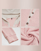 Willluxe® Waffle Knit Drawstring Button Front Contrast Binding Hoodie
