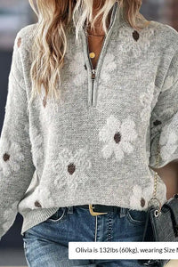 Willluxe® Floral Pattern Half Zip High Neck Sweater