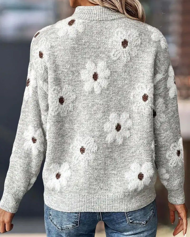 Willluxe® Floral Pattern Half Zip High Neck Sweater