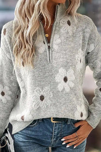 Willluxe® Floral Pattern Half Zip High Neck Sweater