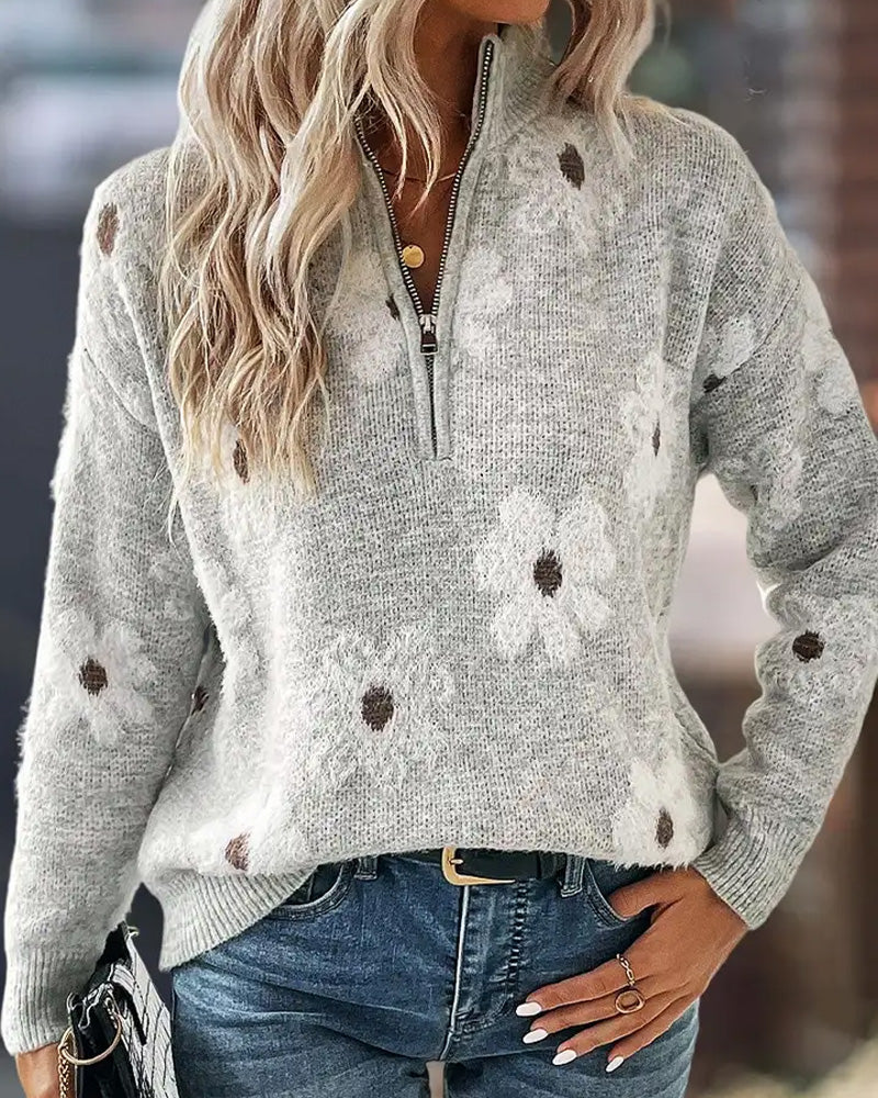 Willluxe® Floral Pattern Half Zip High Neck Sweater