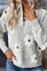 Willluxe® Floral Pattern Half Zip High Neck Sweater