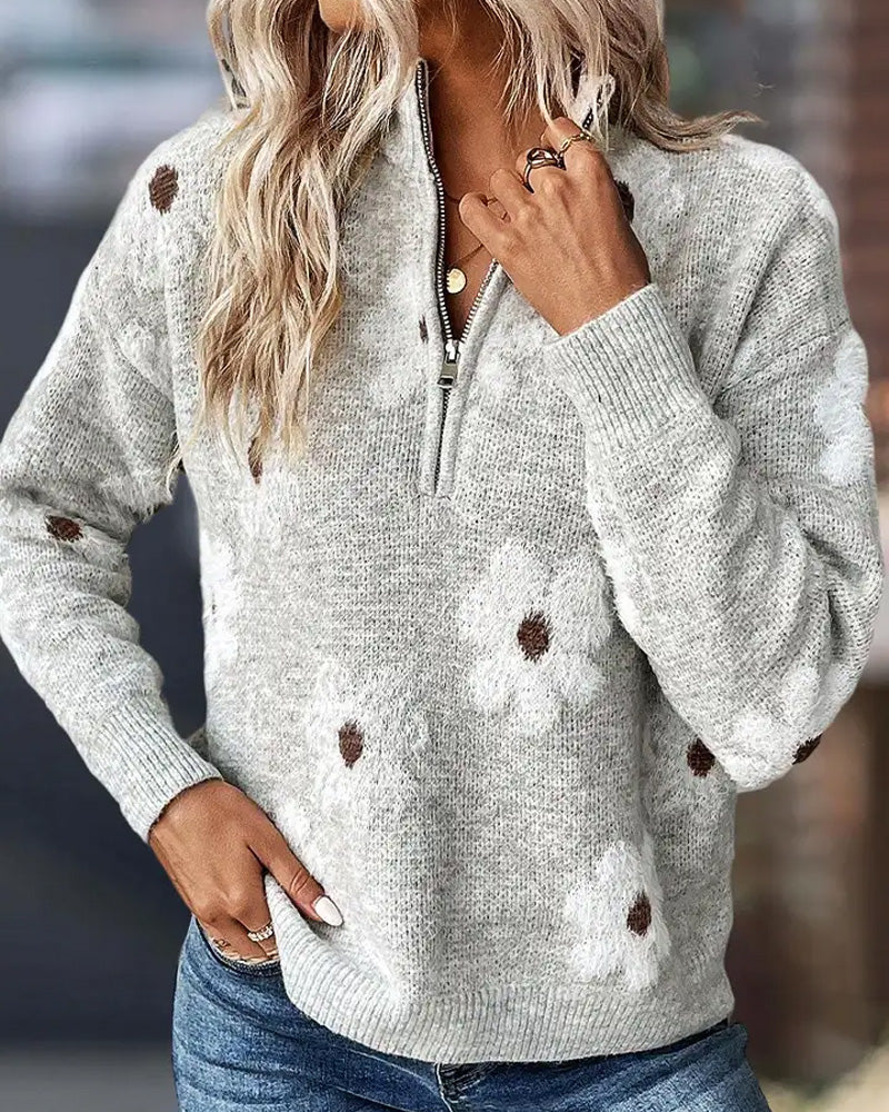 Willluxe® Floral Pattern Half Zip High Neck Sweater