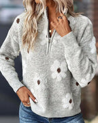 Willluxe® Floral Pattern Half Zip High Neck Sweater