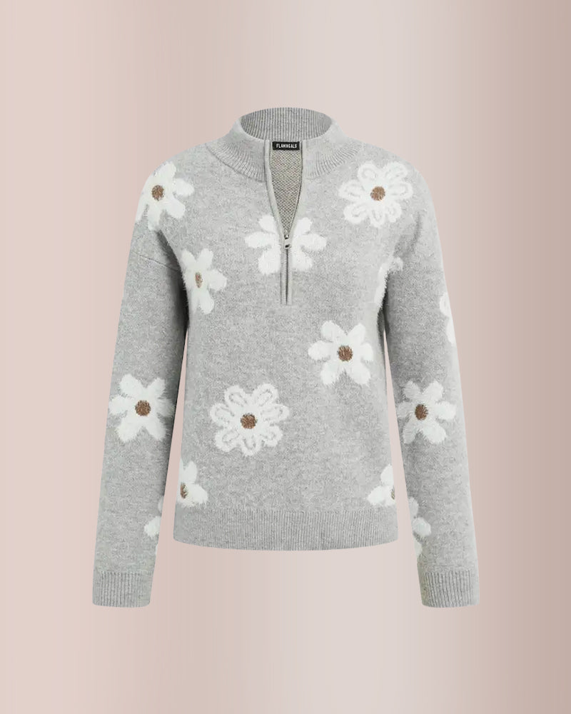 Willluxe® Floral Pattern Half Zip High Neck Sweater