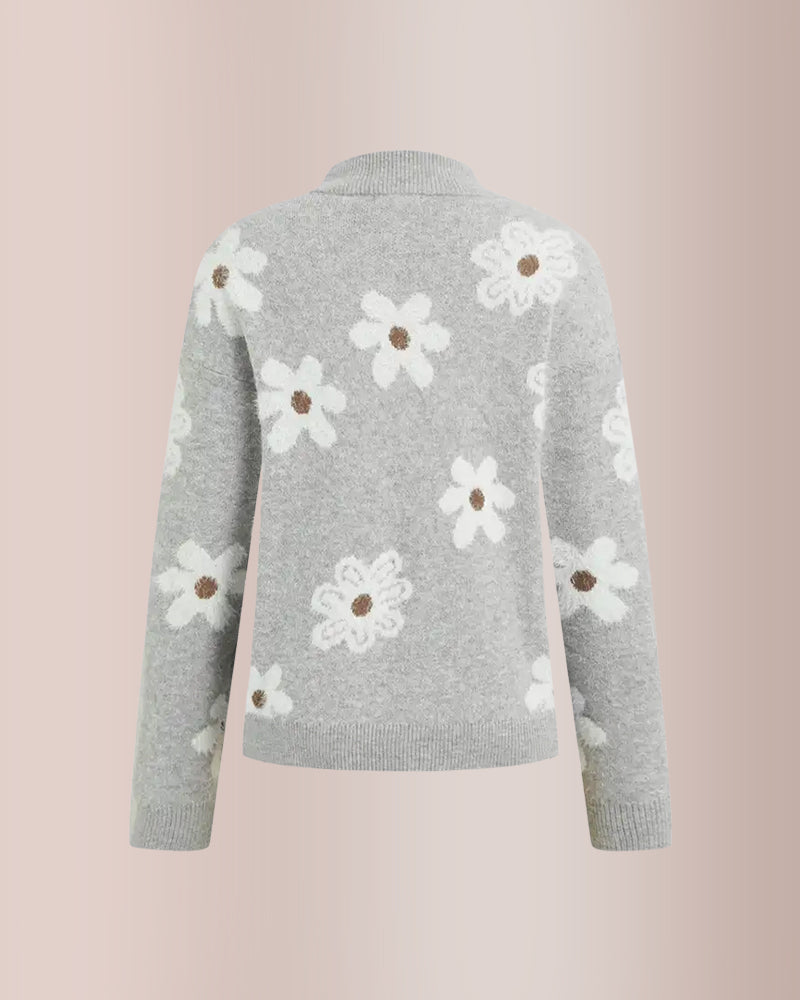 Willluxe® Floral Pattern Half Zip High Neck Sweater