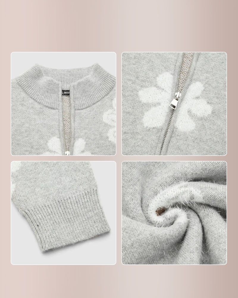 Willluxe® Floral Pattern Half Zip High Neck Sweater
