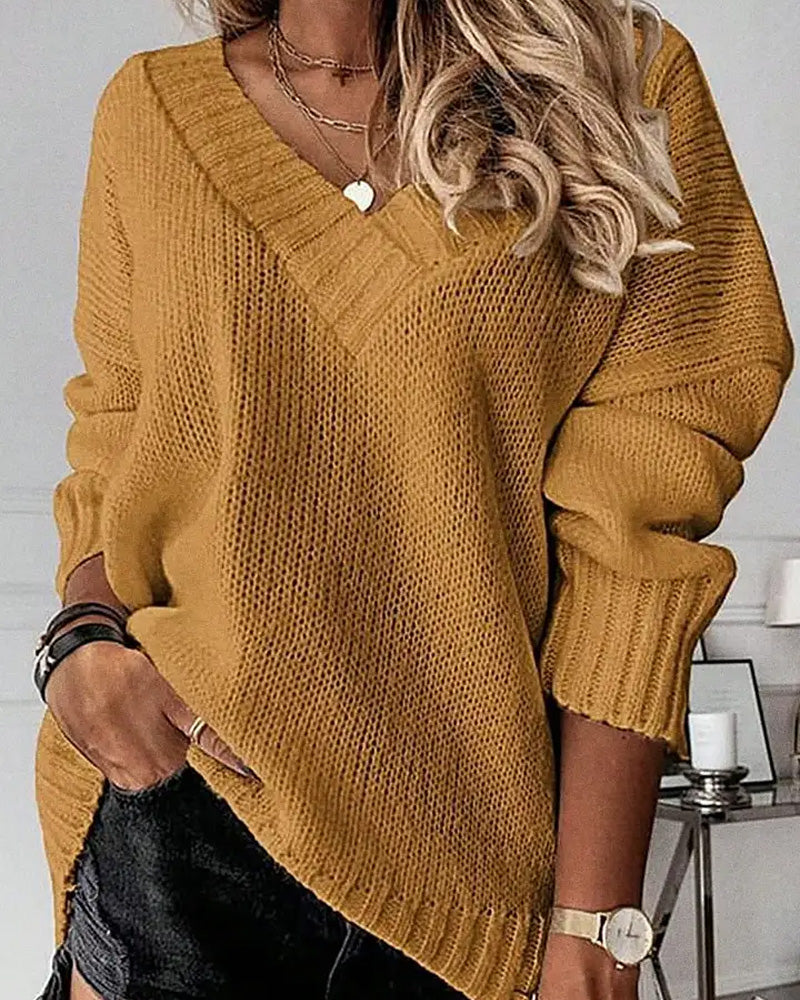 Willluxe® Solid Ribbed V Neck Long Sleeve Sweater