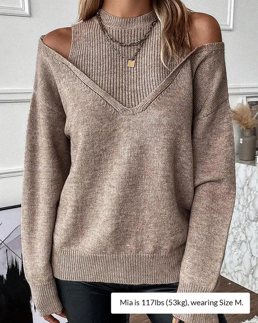 WILLLUXE® Solid Ribbed Cold Shoulder 2-In-1 Sweater