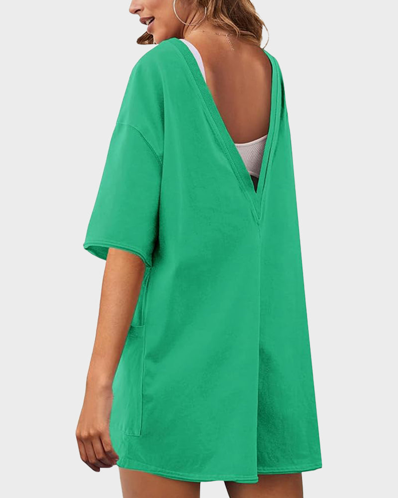 Casual One-Piece V-Back Romper with Pockets