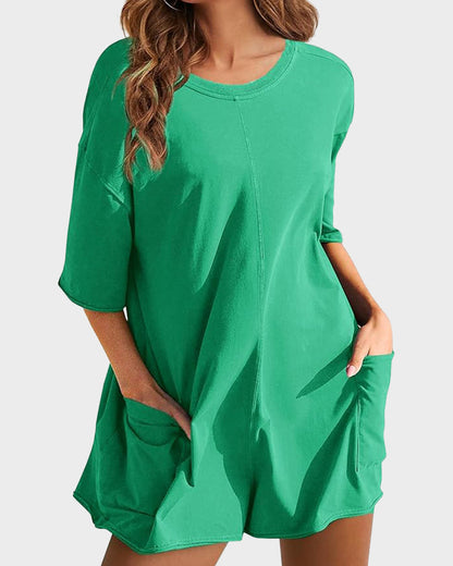 Casual One-Piece V-Back Romper with Pockets