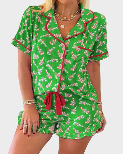 Christmas Candy Cane Print Pajama Short Set