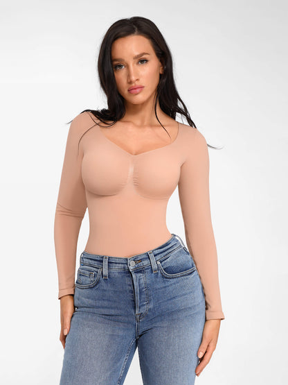 Willluxe Seamless Long Sleeve Chest Support Tummy Control Thong Bodysuit