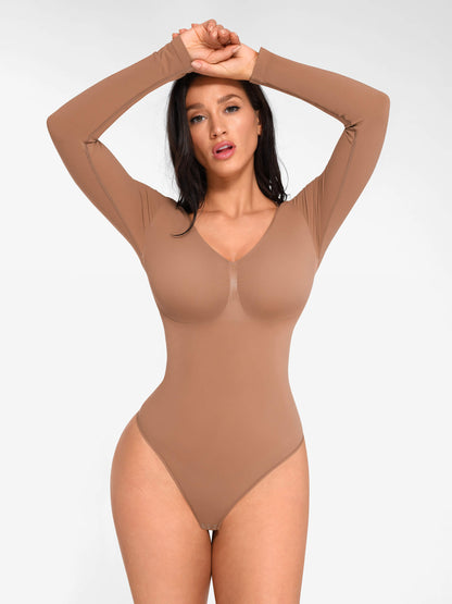 Willluxe Seamless Long Sleeve Chest Support Tummy Control Thong Bodysuit