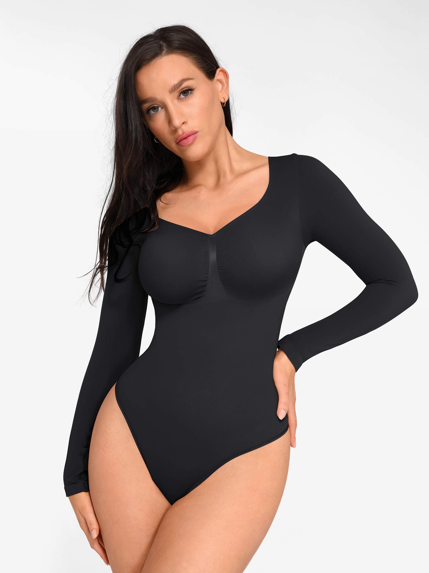 Willluxe Seamless Long Sleeve Chest Support Tummy Control Thong Bodysuit