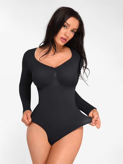 Willluxe Seamless Long Sleeve Chest Support Tummy Control Thong Bodysuit