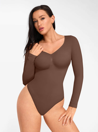 Willluxe Seamless Long Sleeve Chest Support Tummy Control Thong Bodysuit