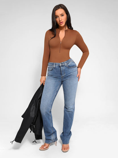 Willluxe Seamless Long Sleeve Zipper Thong Bodysuit