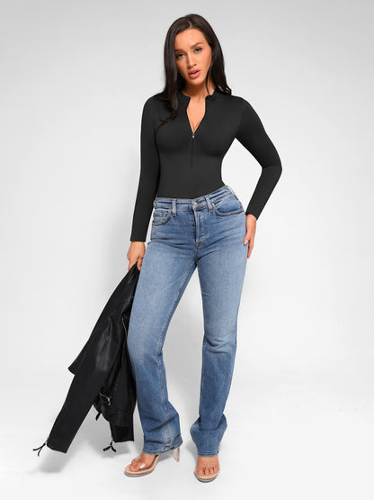 Willluxe Seamless Long Sleeve Zipper Thong Bodysuit