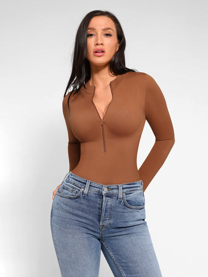 Willluxe Seamless Long Sleeve Zipper Thong Bodysuit