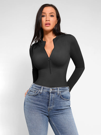 Willluxe Seamless Long Sleeve Zipper Thong Bodysuit