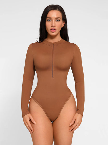 Willluxe Seamless Long Sleeve Zipper Thong Bodysuit