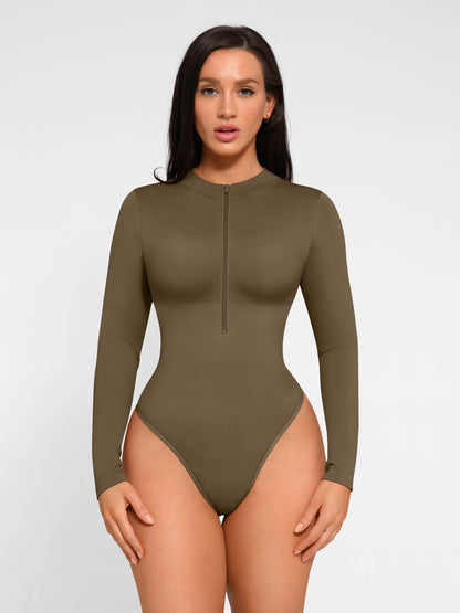 Willluxe Seamless Long Sleeve Zipper Thong Bodysuit