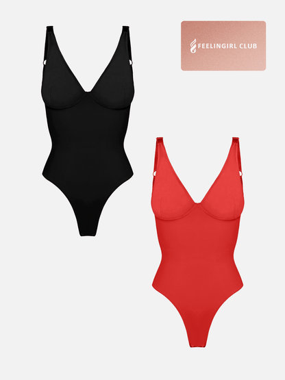 Willluxe 2-Pack Deep V Neck Tummy Control Shapewear Bodysuit Bundle