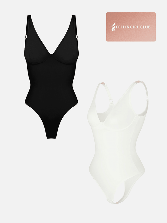 Willluxe 2-Pack Deep V Neck Tummy Control Shapewear Bodysuit Bundle