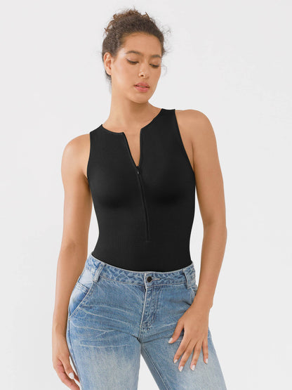 Willluxe Ribbed Seamless Bodysuit with Crew Neck and Invisible Zip