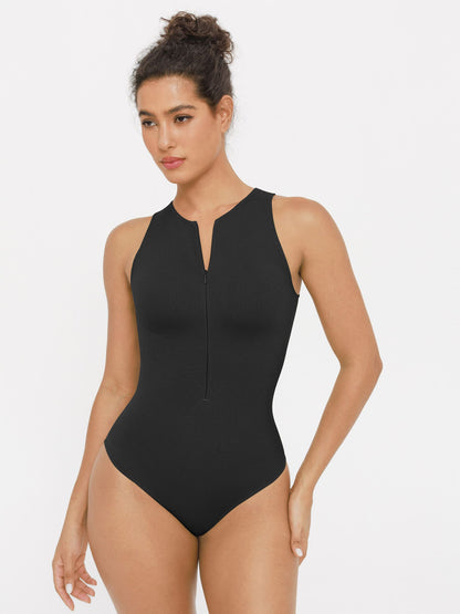 Willluxe Ribbed Seamless Bodysuit with Crew Neck and Invisible Zip