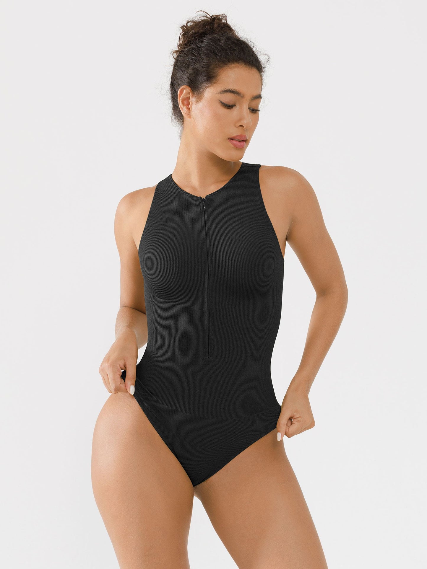 Willluxe Ribbed Seamless Bodysuit with Crew Neck and Invisible Zip