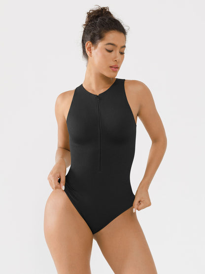 Willluxe Ribbed Seamless Bodysuit with Crew Neck and Invisible Zip