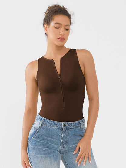 Willluxe Ribbed Seamless Bodysuit with Crew Neck and Invisible Zip