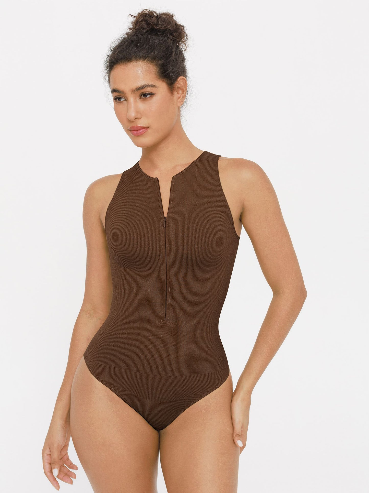 Willluxe Ribbed Seamless Bodysuit with Crew Neck and Invisible Zip