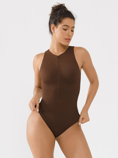 Willluxe Ribbed Seamless Bodysuit with Crew Neck and Invisible Zip