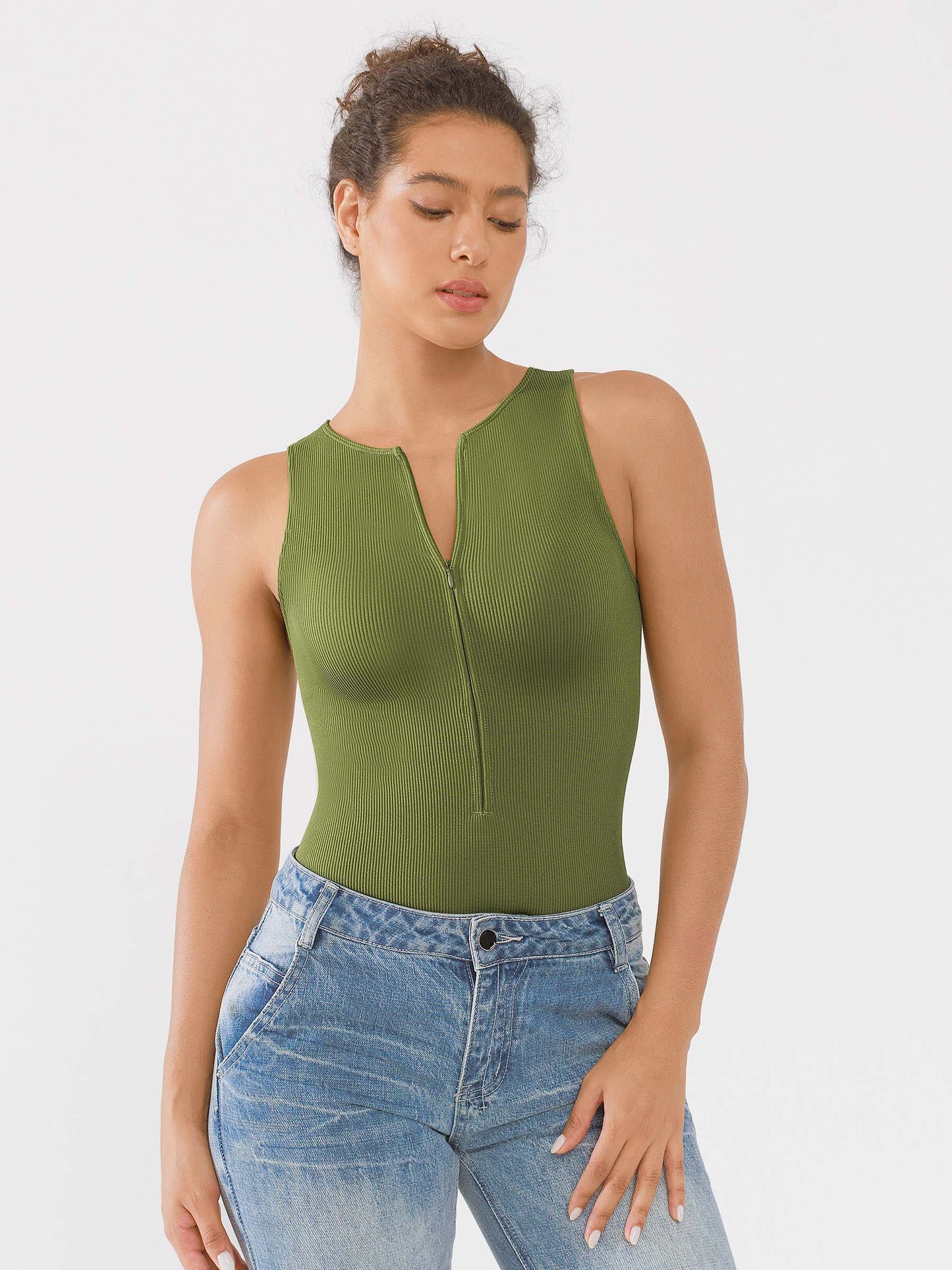 Willluxe Ribbed Seamless Bodysuit with Crew Neck and Invisible Zip