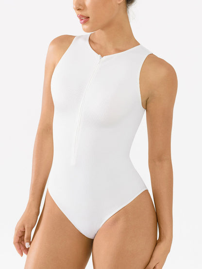 Willluxe Ribbed Seamless Bodysuit with Crew Neck and Invisible Zip