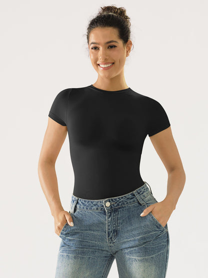 Willluxe Seamless Bodysuit Smooth Soft Fabric Crew Neck Short Sleeve