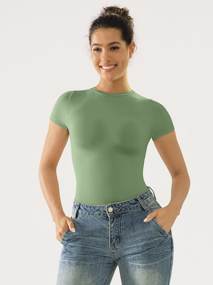 Willluxe Seamless Bodysuit Smooth Soft Fabric Crew Neck Short Sleeve