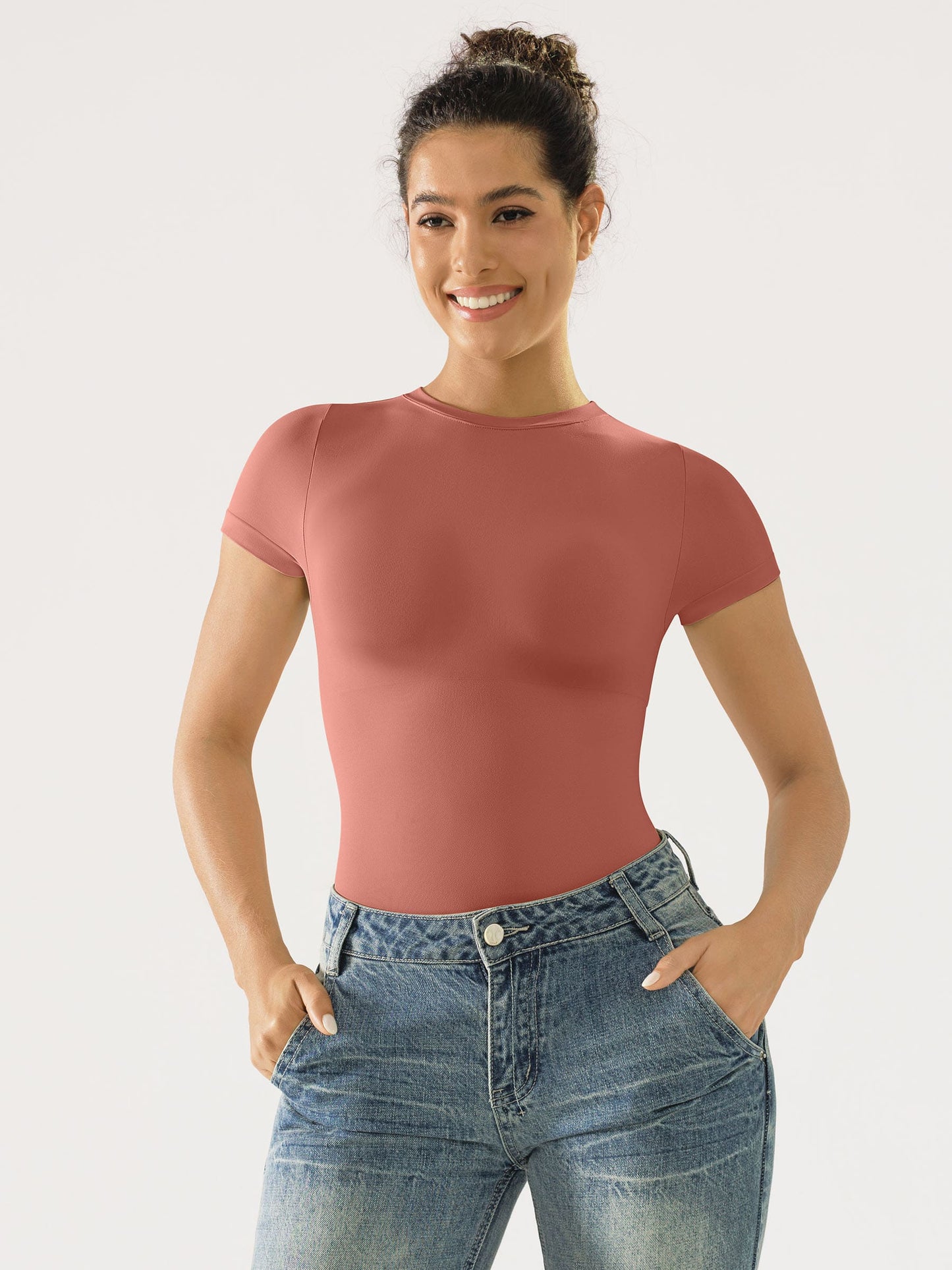 Willluxe Seamless Bodysuit Smooth Soft Fabric Crew Neck Short Sleeve