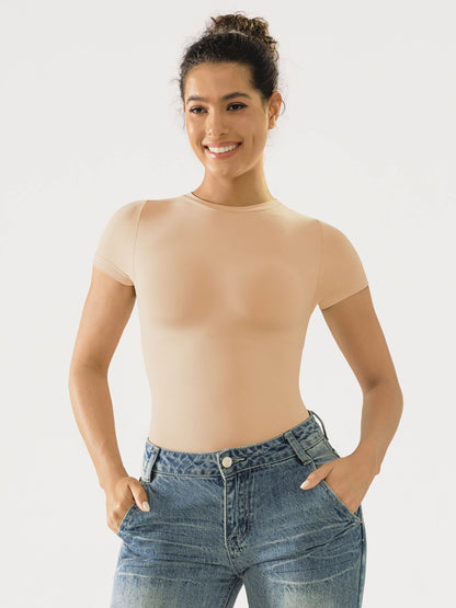 Willluxe Seamless Bodysuit Smooth Soft Fabric Crew Neck Short Sleeve