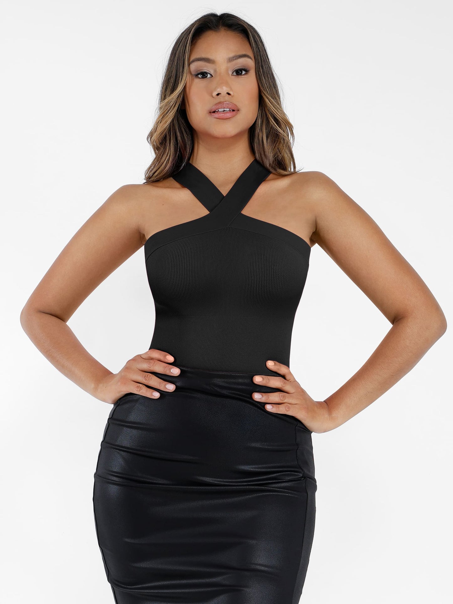 Willluxe Seamless Crossover Halter Thong Bodysuit Shapewear for Everyday Wear