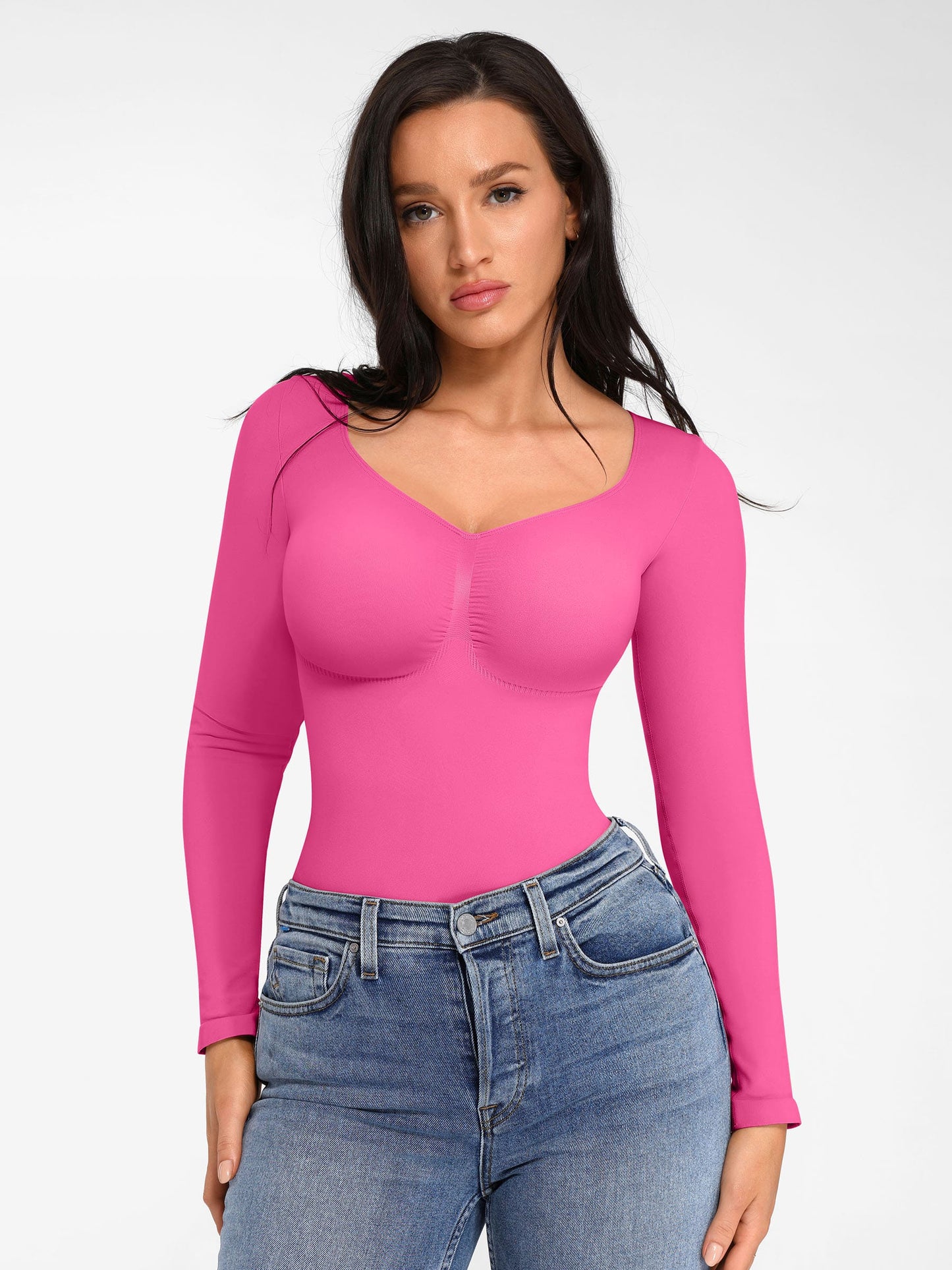 Willluxe Seamless Long Sleeve Chest Support Tummy Control Thong Bodysuit