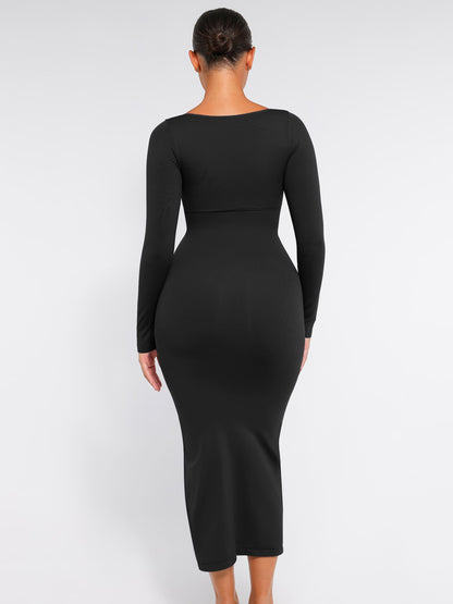 Willluxe Seamless Long Sleeve Shaper Dress with Removable Pads and High Slit